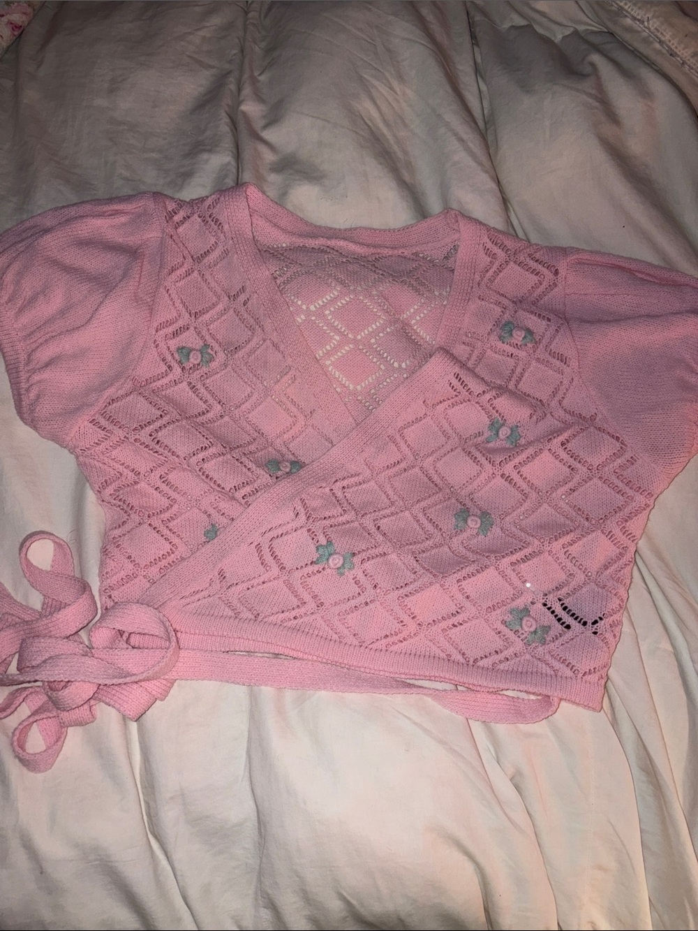 Cider Pink Knit Wrap V‑Neck Sweater with Floral Embroidery